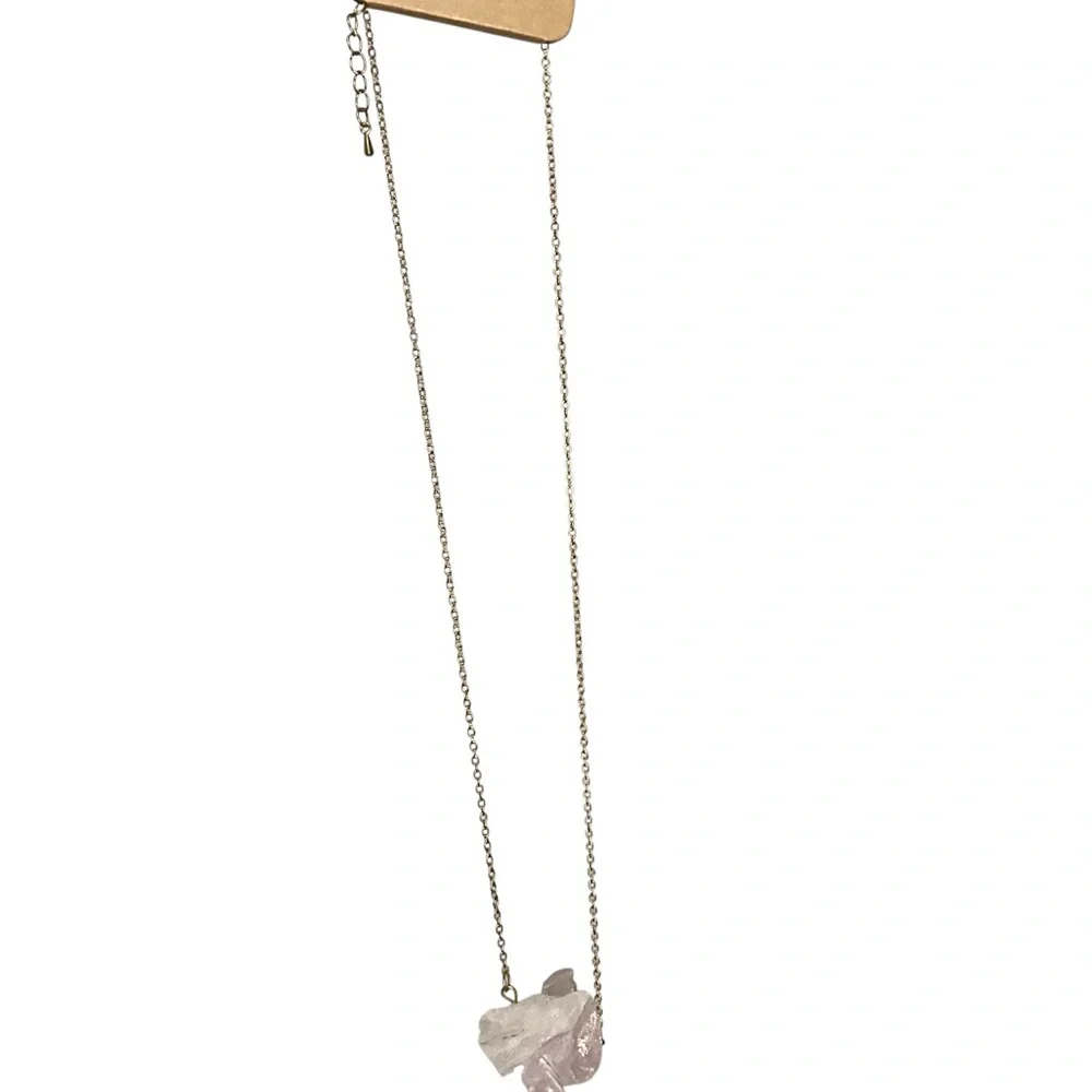 Gold Necklace with Raw Pink Rose Quartz and Clear Crystal Pendant
